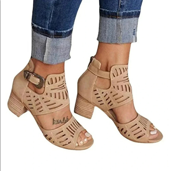 Peep toe chucks block heel zipper closure tan sandals with western buckle accent - Picture 1 of 13